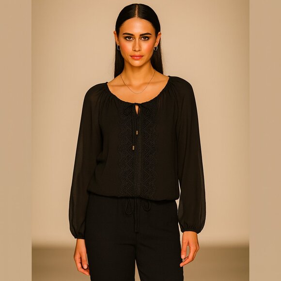 Naked Zebra Black Lace Accented Boho Semi Sheer Black Blouse – Size 1X - Picture 2 of 9